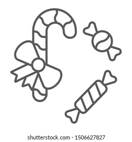 Christmas candies thin line icon, christmas and sweets, candy cane sign, vector graphics, a linear pattern on a white background, eps 10.