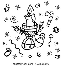 Christmas candle with bells and caramel cane. Coloring page or book for children and adults. Coloring Page or Book for Children and Adults