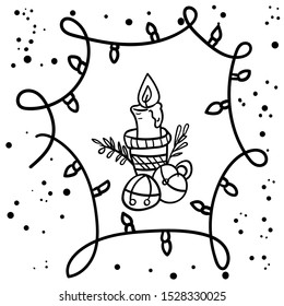 Christmas candle with bells and Garland. Coloring Page or Book for Children and Adults