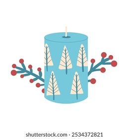 Christmas candle with berries branch. Winter holidays baubles. Vector hand drawn flat illustration isolated on white background.