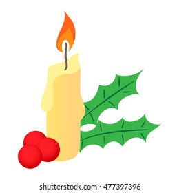 Christmas candle and berries icon in cartoon style isolated on white background. New year symbol