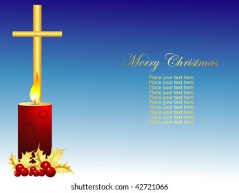 christmas candle at blue background with space for text