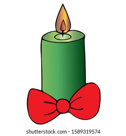 Christmas candle. Bow decoration. Colored vector illustration. Isolated background. Cartoon style. Magic attribute. The hot wax flows down the candle. Hot flame. Divination. Christmas. Christmastide. 