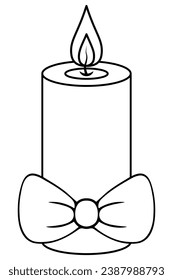 Christmas candle. Bow decoration. Sketch. Vector illustration. Outline on isolated background. Doodle style. Coloring book for children. Magic attribute. Hot flame. Festive print. Idea for web design.