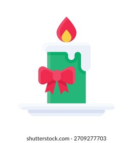 Christmas Candle with Bow Decoration Vector Illustration, Flat Style Icon