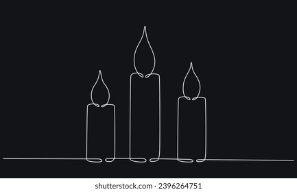 Christmas candle with burning flame. One continuous single line hand drawing art. Vector stock illustration isolated on black background for design template greeting card, invitation. Editable stroke.