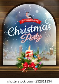 Christmas candle burns in the window looking out to a fresh snowfall. EPS 10 vector file included
