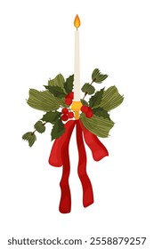 Christmas candle in a candlestick decorated with spruce branches, red berries and a red bow,as decor, for postcards, vector