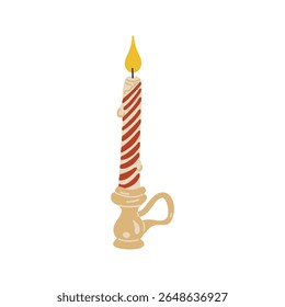 Christmas Candle in Candlestick Holder. Vintage Cartoon Colorful Hand Drawing Element. Xmas Cozy Aesthetic Vibes. Vector Illustration Isolated