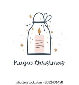Christmas candle in candlestick. Merry Christmas text handwritten with calligraphic font. Decorative composition with holiday wish illustration for greeting card.