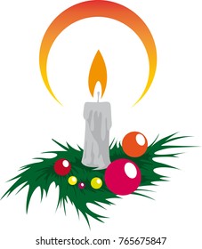 Christmas candle combined with christmas tree branches and balls