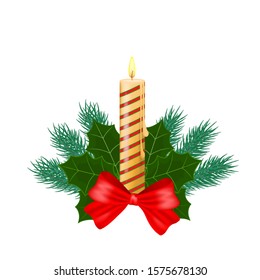 Christmas candle. Christmas composition with a burning candle, Holly leaves and a red bow. Isolated on white background