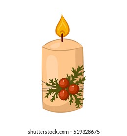 Christmas candle decorated with red berries of mistletoe. Cartoon icon. Isolated object on white background. Vector illustration.