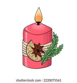 Christmas candle decorated with a Christmas tree branch and an orange. Vector illustration.