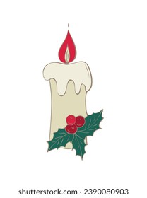 Christmas candle decoration with holly leaf and berry, drawing doodles. 
