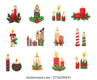 Conjunto de Vector de decoración de velas de Navidades. Velas de cera ardiente con acebo, bayas y pino. Elementos de centro de mesa festivos para la mesa de Festiva.