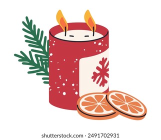 Christmas candle with decorations. Hand drawn wax candle in jar, xmas scented wax candle flat vector illustration. Aroma winter holiday interior decor