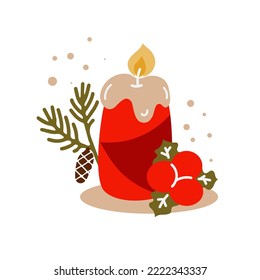 Christmas candle decorative composition in flat style. Vector hand drawn illustration for greeting cards, invitations, posters. Winter holidays design.