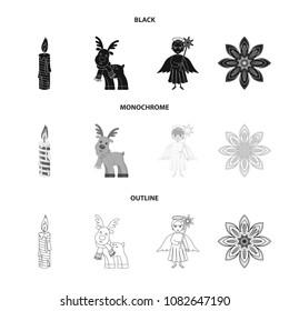 Christmas candle, deer, angel and snowflake black,monochrome,outline icons in set collection for design. Christmas vector symbol stock web illustration.