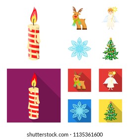 Christmas candle, deer, angel and snowflake cartoon,flat icons in set collection for design. Christmas vector symbol stock web illustration.