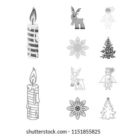 Christmas candle, deer, angel and snowflake outline,monochrome icons in set collection for design. Christmas vector symbol stock web illustration.