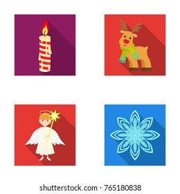 Christmas candle, deer, angel and snowflake flat icons in set collection for design. Christmas vector symbol stock web illustration.