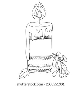 Christmas candle with a doodle pattern and a sprig of mistletoe on a white background. Coloring book for children and adults