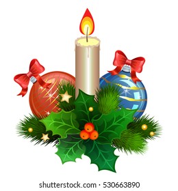 Christmas candle with fir branches, Christmas balls and holly berries. Vector illustration