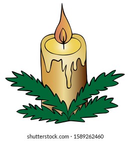 Christmas candle. Fir branches decoration. Colored vector illustration. Isolated background. Cartoon style. Magic attribute. The hot wax flows down the candle. Hot flame. Divination. Christmas. 