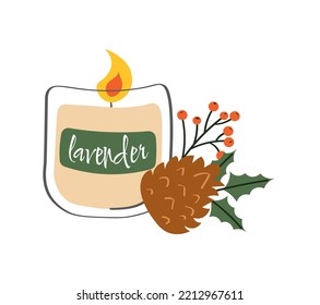 Christmas candle with fir branches and Holly berries, vector illustration

