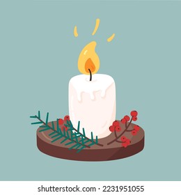 Christmas candle with fir branches and holly berries. Festive symbols vector illustration in cartoon style on blue background