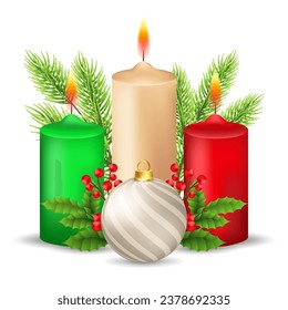 Christmas candle with fir sprigs, Christmas ball and cherry leaves clipart