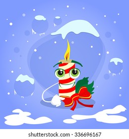 Christmas Candle Fire Cartoon Character Concept Blue Snow Background Flat Vector Illustration