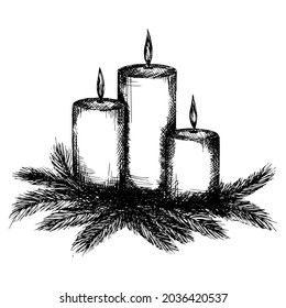 Christmas Candle with fire. vector illustration ink on white background sketch. hand draw