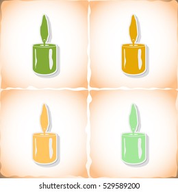 Christmas candle. Flat sticker with shadow on old paper. Vector illustration