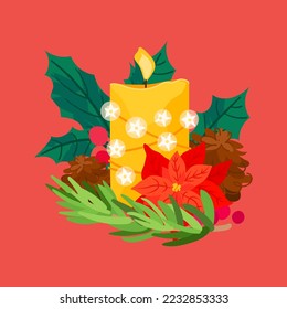 Christmas candle with garland, poinsettia, holly, fir tree and cones. New year holiday decoration vector illustration