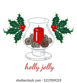 
Christmas candle in a glass candlestick with a variety of pine cones.  Hand drawn vector illustration. Color sketch.
