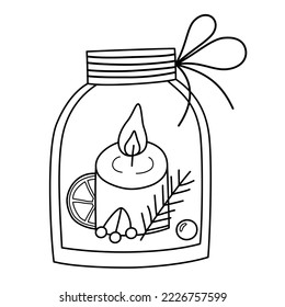 Christmas candle in glass jar, scented candle icon, vector doodle illustration of jar with spruce, berries, handmade aromatherapy, dried orange, winter home decor , isolated outline clipart