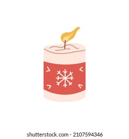 Christmas candle with glowing fire light. Advent candlelight. Xmas wax decoration with flame. Cozy warm decor. Flat vector illustration isolated on white background
