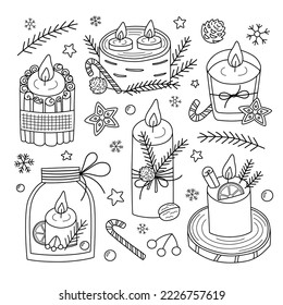 Christmas candle hand drawn collection, doodle icons of handmade scented candles, cozy scandy home decor, winter aromatherapy, vector doodle illustrations of cinnamon, spruce, isolated outline clipart