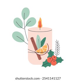 Christmas candle. Hand drawn candle with Christmas floral decorations. Winter design. Vector illustration in flat style