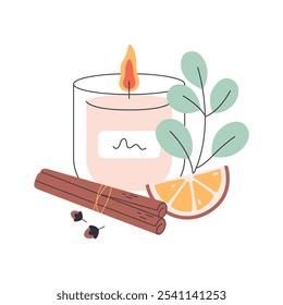 Christmas candle. Hand drawn candle with Christmas floral decorations, orange and cinnamon. Winter design. Vector illustration in flat style