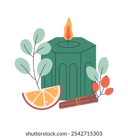 Christmas candle. Hand drawn candle with Christmas floral decorations, orange and cinnamon. Winter design. Vector illustration in flat style