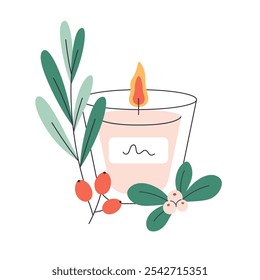 Christmas candle. Hand drawn candle with Christmas floral decorations. Winter design. Vector illustration in flat style