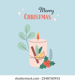 Christmas candle. Hand drawn candle with Christmas floral decorations, orange and cinnamon. Winter design. Vector illustration in flat style