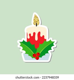 Christmas candle and holly berries. A festive sticker with a candle. Vector illustration