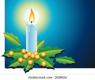 Christmas candle with holly berries and leafs in blue background