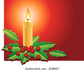 Christmas candle with holly berries and leafs in red background