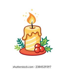 Christmas candle with holly berry in cartoon style. Christmas and New Year holiday  vector illustration.