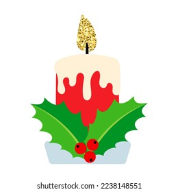 Christmas candle and holly berry. Festive candle. Vector illustration